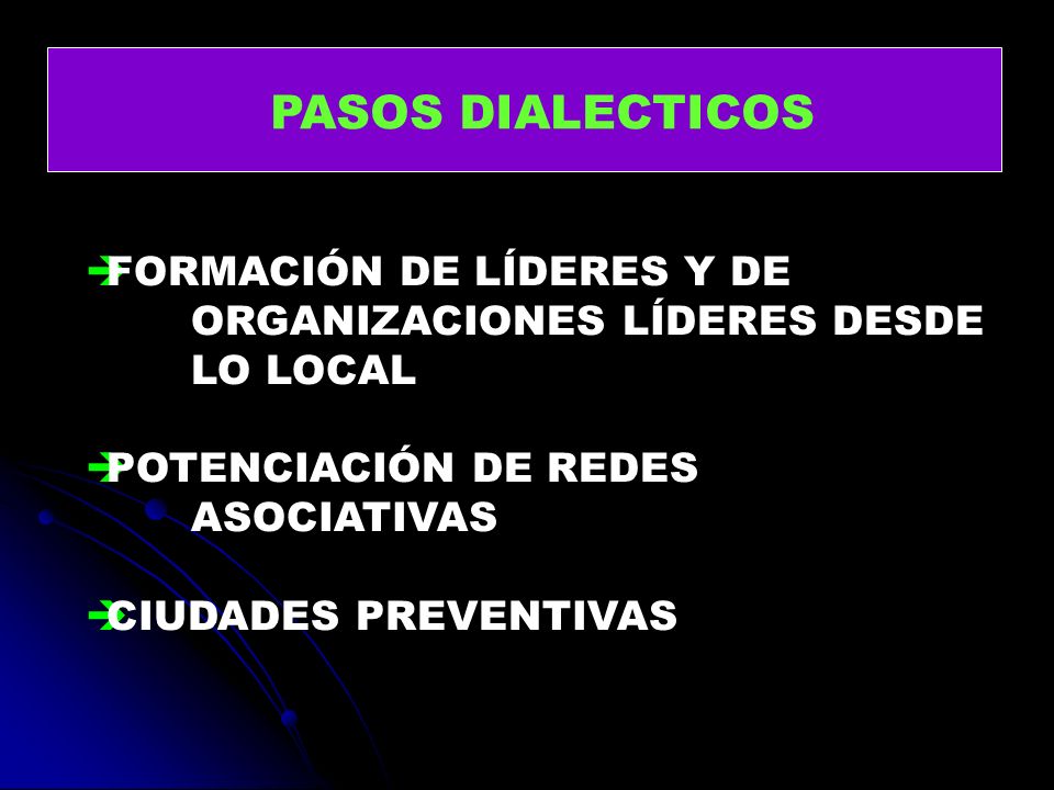 PASOS DIALECTICOS FORMACIÓN DE LÍDERES Y DE ORGANIZACIONES LÍDERES DESDE LO LOCAL. POTENCIACIÓN DE REDES ASOCIATIVAS.
