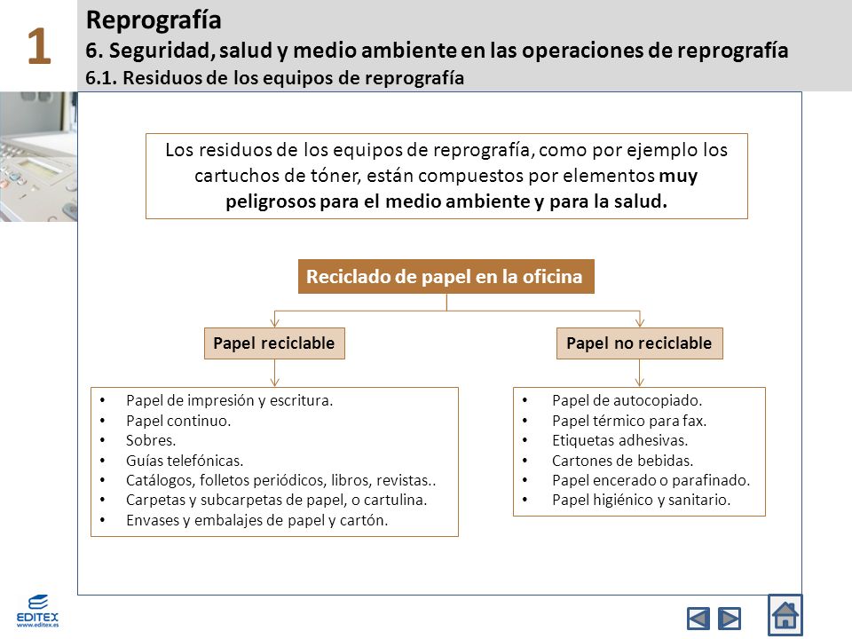 1 Reprografía 6. Seguridad, salud y medio ambiente en las operaciones de reprografía 6.1. Residuos de los equipos de reprografía.