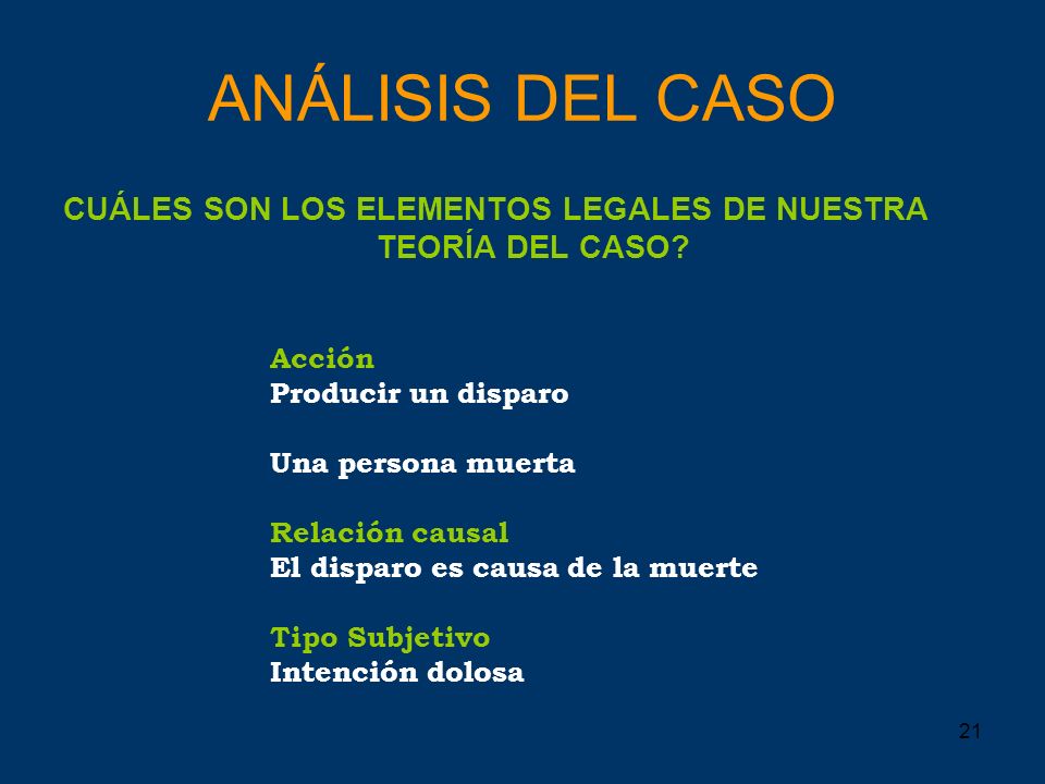 ANÁLISIS DEL CASO CUÁLES SON LOS ELEMENTOS LEGALES DE NUESTRA TEORÍA DEL CASO Acción. Producir un disparo.