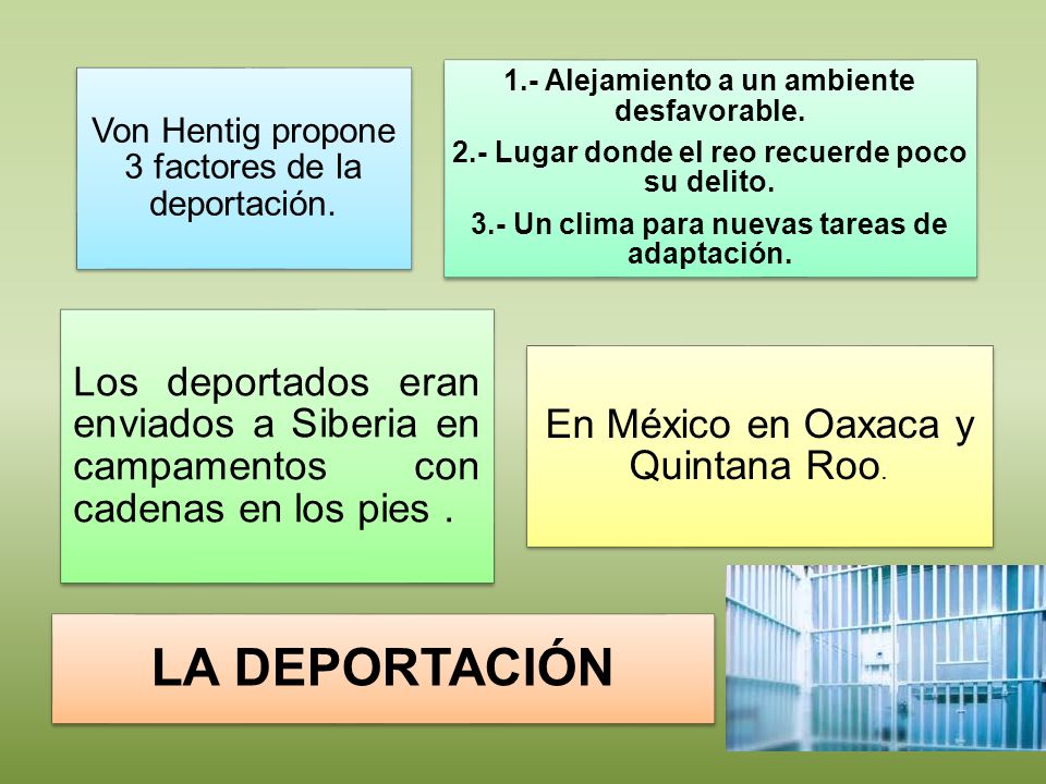 Von Hentig propone 3 factores de la deportación.