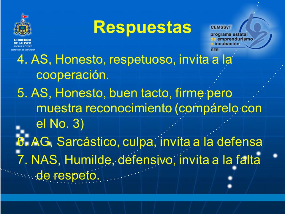 Respuestas 4. AS, Honesto, respetuoso, invita a la cooperación.