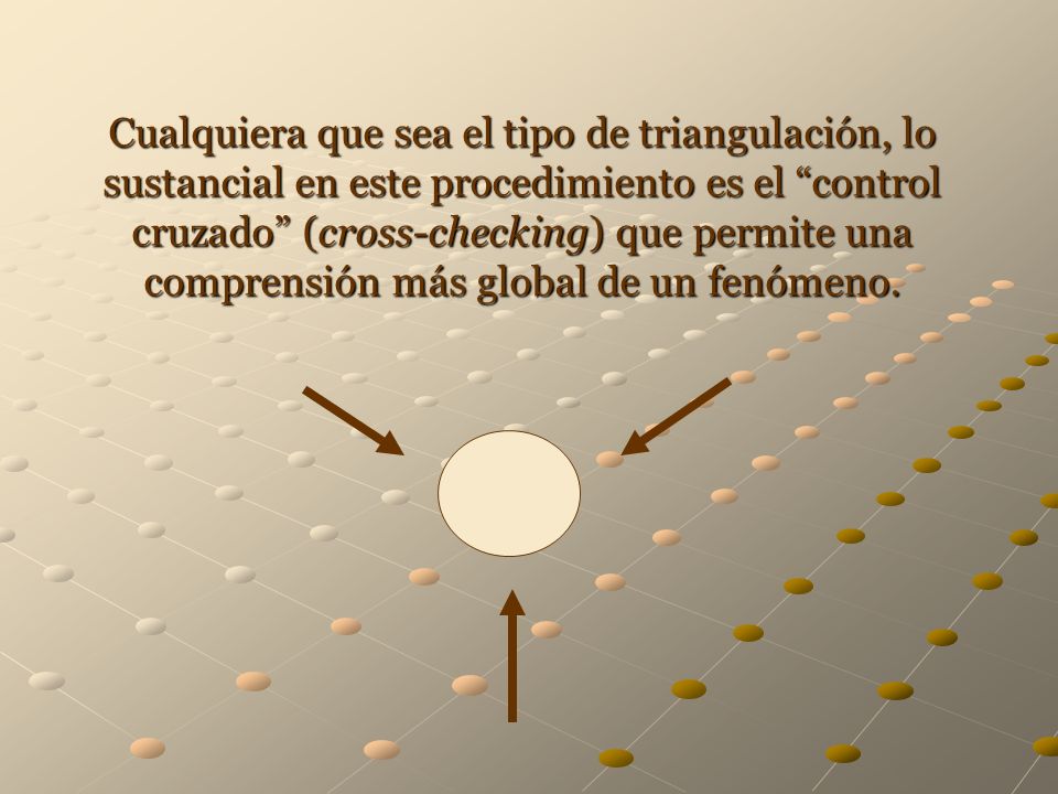 Cualquiera que sea el tipo de triangulación, lo sustancial en este procedimiento es el control cruzado (cross-checking) que permite una comprensión más global de un fenómeno.