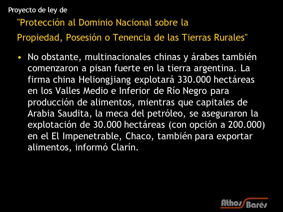 Proyecto de ley de Protección al Dominio Nacional sobre la Propiedad, Posesión o Tenencia de las Tierras Rurales
