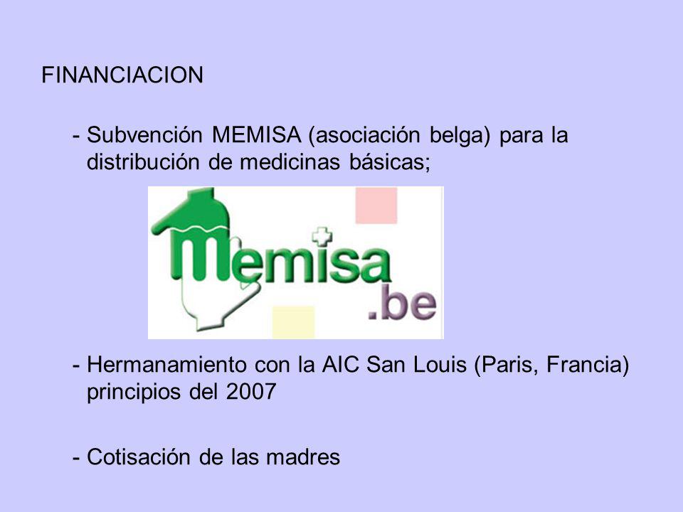 FINANCIACION - Subvención MEMISA (asociación belga) para la distribución de medicinas básicas;