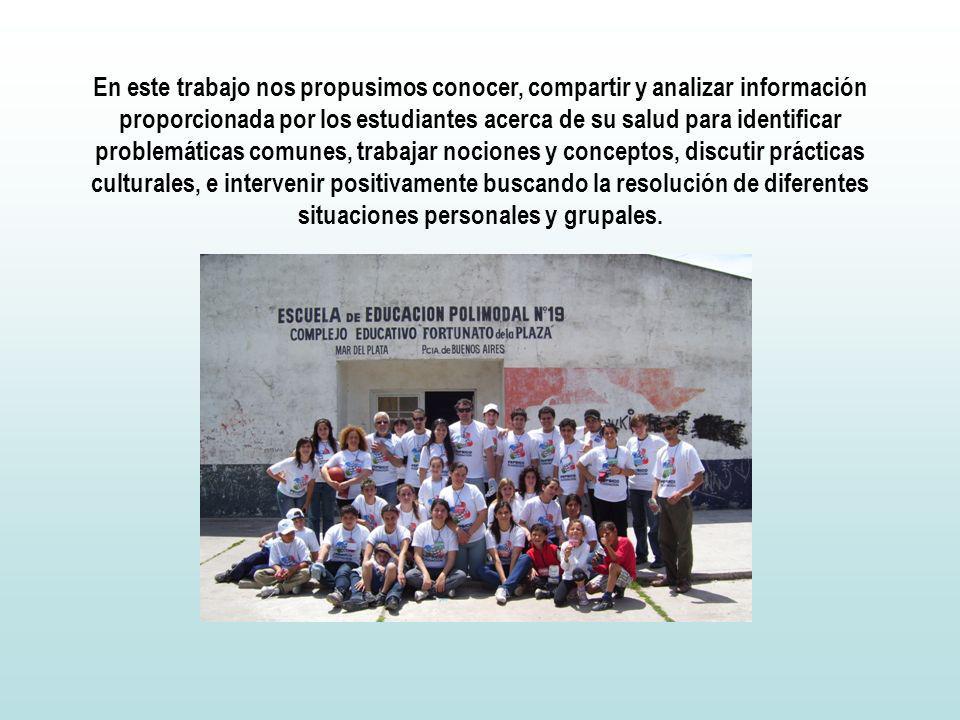 En este trabajo nos propusimos conocer, compartir y analizar información proporcionada por los estudiantes acerca de su salud para identificar problemáticas comunes, trabajar nociones y conceptos, discutir prácticas culturales, e intervenir positivamente buscando la resolución de diferentes situaciones personales y grupales.