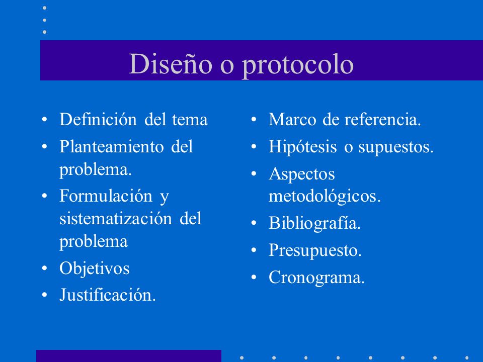 Diseño o protocolo Definición del tema Planteamiento del problema.
