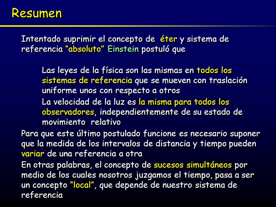 Resumen Intentado suprimir el concepto de éter y sistema de referencia absoluto Einstein postuló que.