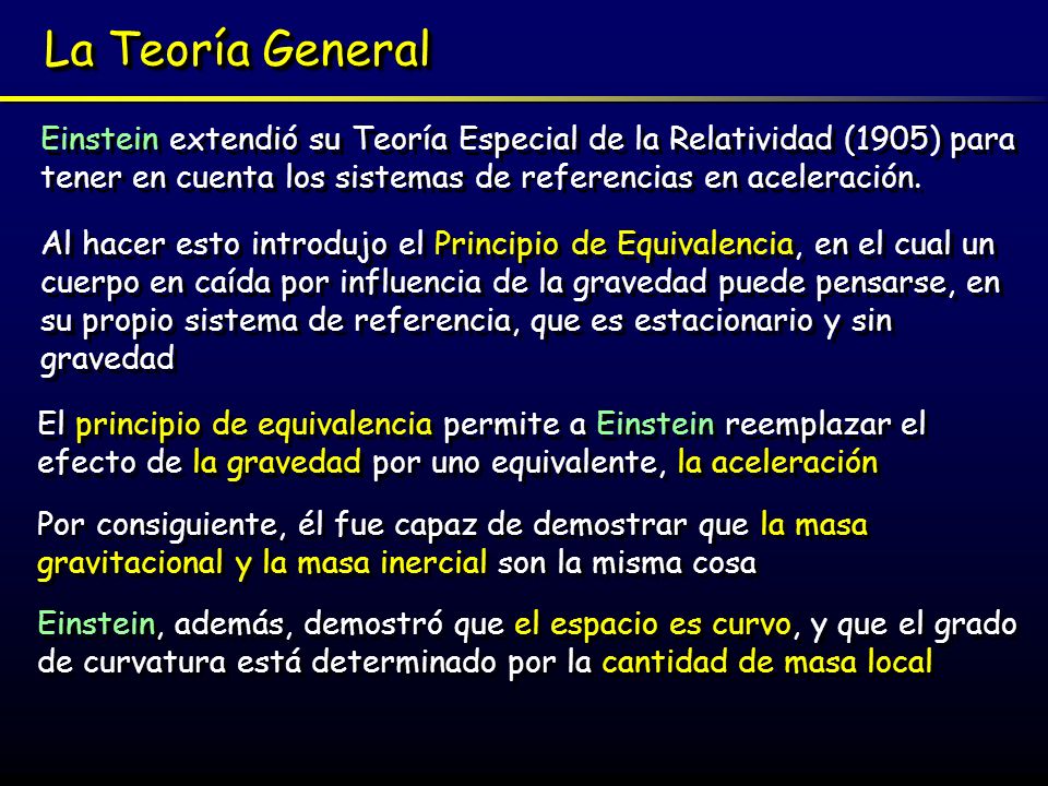 La Teoría General Einstein extendió su Teoría Especial de la Relatividad (1905) para tener en cuenta los sistemas de referencias en aceleración.