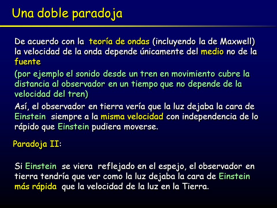 Una doble paradoja De acuerdo con la teoría de ondas (incluyendo la de Maxwell) la velocidad de la onda depende únicamente del medio no de la fuente.