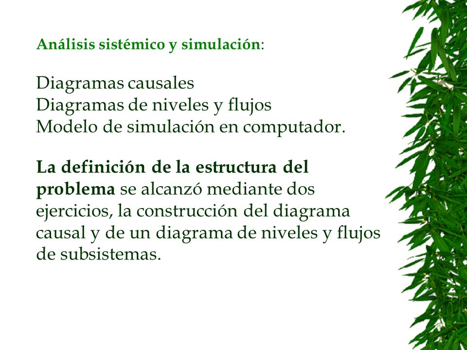 Análisis sistémico y simulación: Diagramas causales Diagramas de niveles y flujos Modelo de simulación en computador.