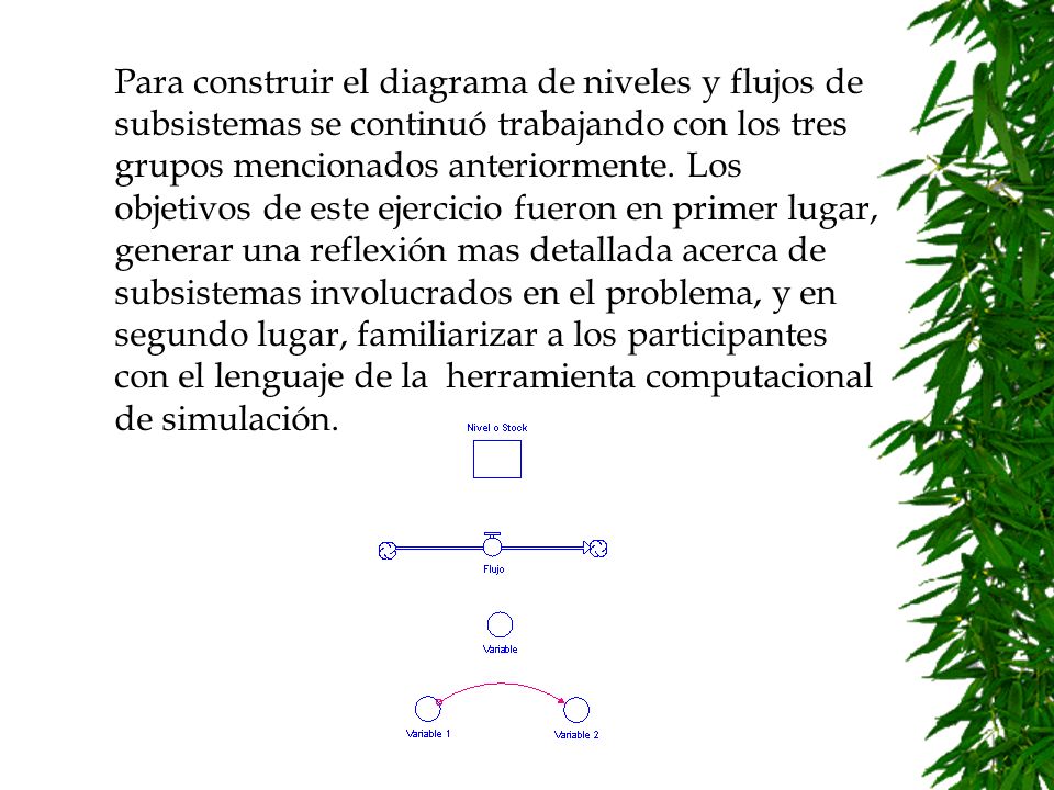 Para construir el diagrama de niveles y flujos de subsistemas se continuó trabajando con los tres grupos mencionados anteriormente.