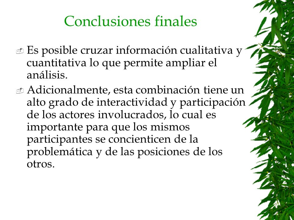 Conclusiones finales Es posible cruzar información cualitativa y cuantitativa lo que permite ampliar el análisis.