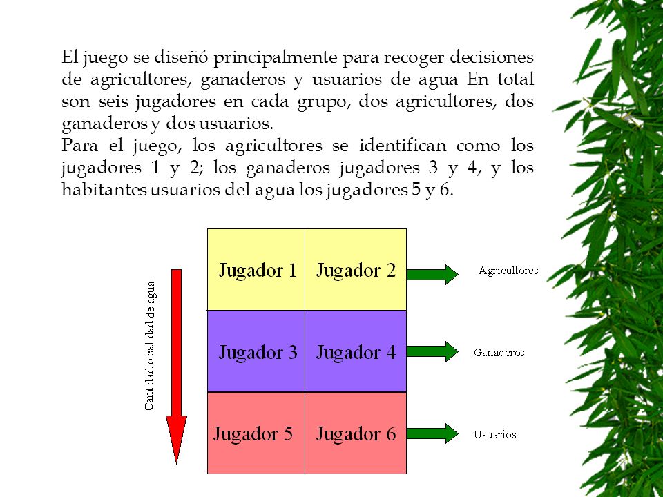El juego se diseñó principalmente para recoger decisiones de agricultores, ganaderos y usuarios de agua En total son seis jugadores en cada grupo, dos agricultores, dos ganaderos y dos usuarios.