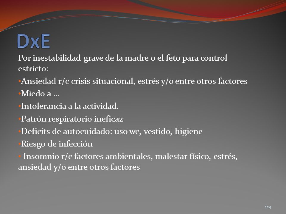 DxE Por inestabilidad grave de la madre o el feto para control estricto: Ansiedad r/c crisis situacional, estrés y/o entre otros factores.