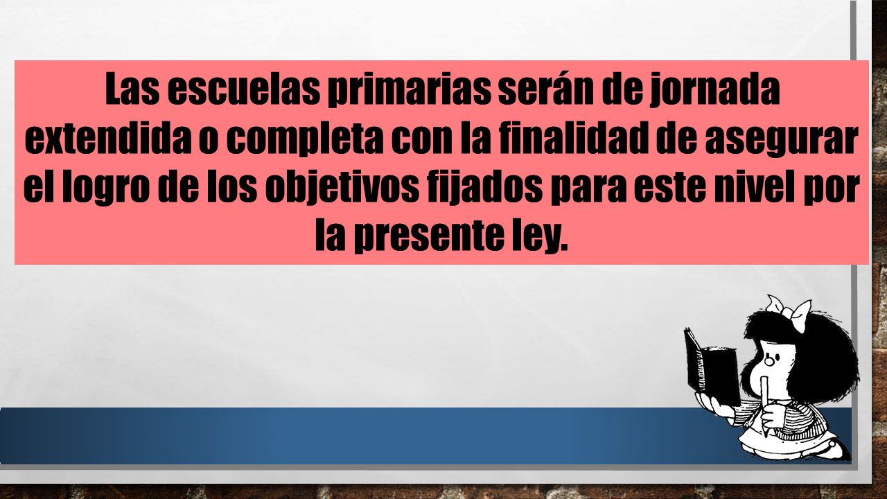 Las escuelas primarias serán de jornada extendida o completa con la finalidad de asegurar el logro de los objetivos fijados para este nivel por la presente ley.