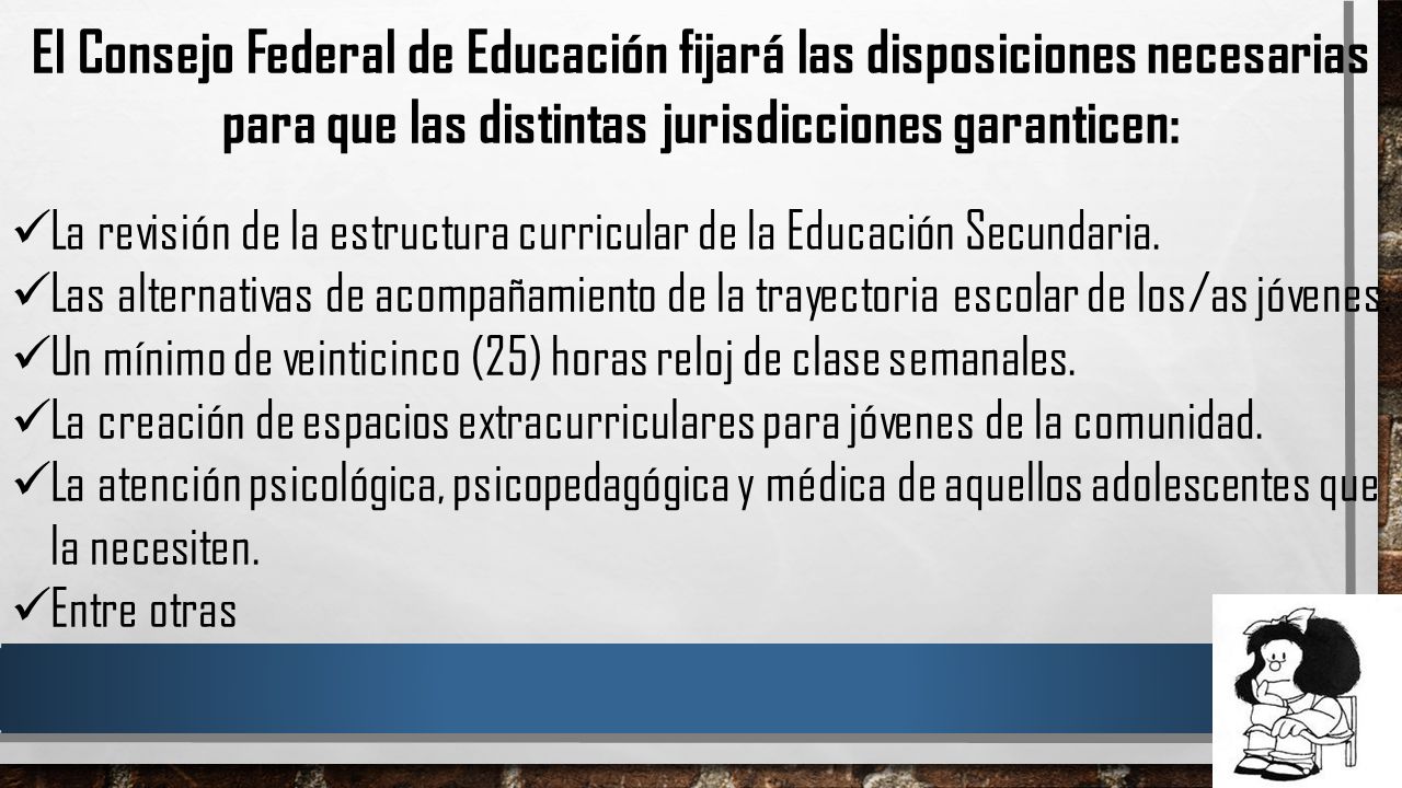 El Consejo Federal de Educación fijará las disposiciones necesarias para que las distintas jurisdicciones garanticen: