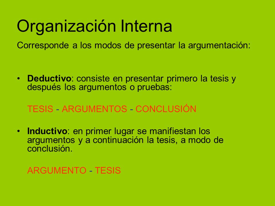Organización Interna Corresponde a los modos de presentar la argumentación: