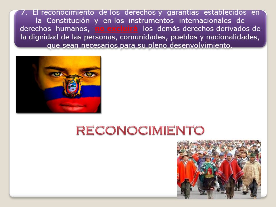 7. El reconocimiento de los derechos y garantías establecidos en la Constitución y en los instrumentos internacionales de derechos humanos, no excluirá los demás derechos derivados de la dignidad de las personas, comunidades, pueblos y nacionalidades, que sean necesarios para su pleno desenvolvimiento.