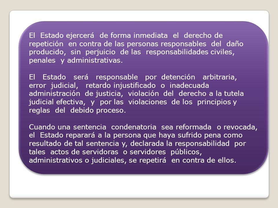 El Estado ejercerá de forma inmediata el derecho de repetición en contra de las personas responsables del daño producido, sin perjuicio de las responsabilidades civiles, penales y administrativas.