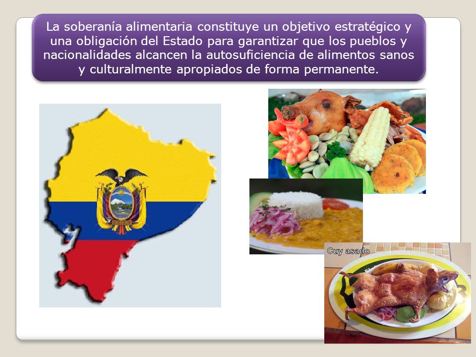 La soberanía alimentaria constituye un objetivo estratégico y una obligación del Estado para garantizar que los pueblos y nacionalidades alcancen la autosuficiencia de alimentos sanos y culturalmente apropiados de forma permanente.