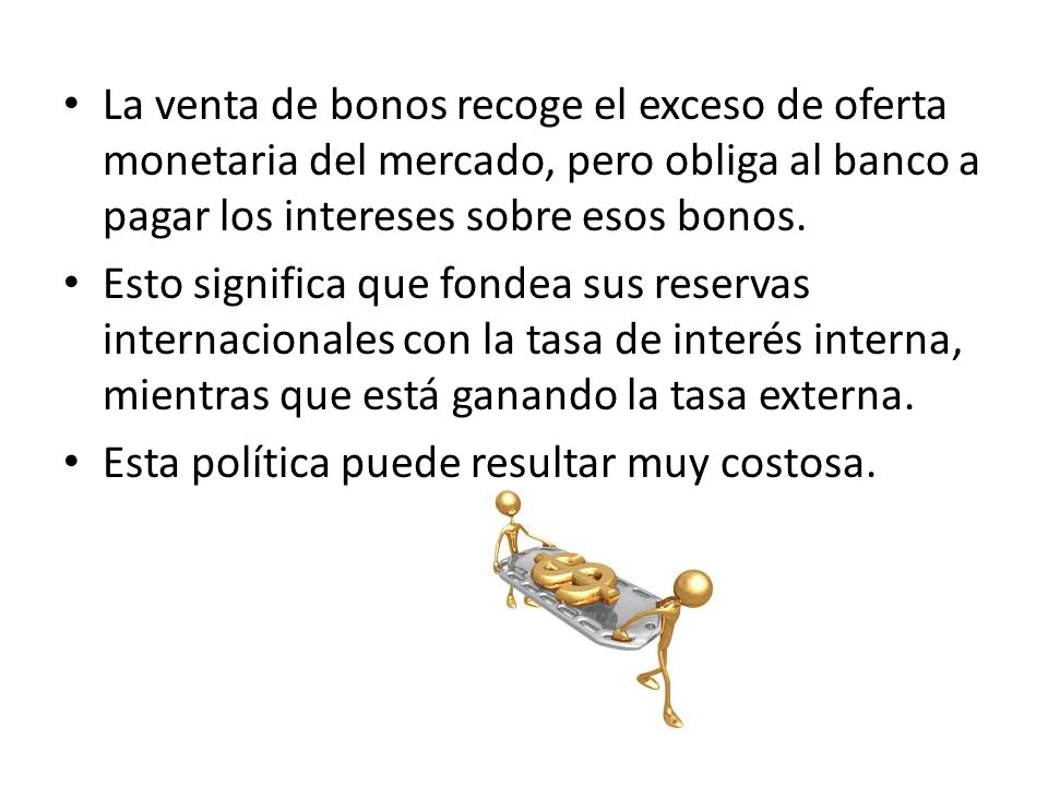 La venta de bonos recoge el exceso de oferta monetaria del mercado, pero obliga al banco a pagar los intereses sobre esos bonos.