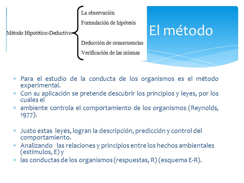 El método Para el estudio de la conducta de los organismos es el método experimental.