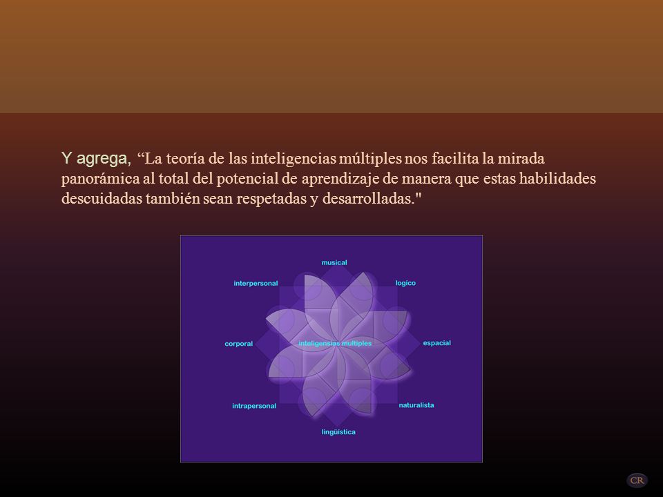 Y agrega, La teoría de las inteligencias múltiples nos facilita la mirada panorámica al total del potencial de aprendizaje de manera que estas habilidades descuidadas también sean respetadas y desarrolladas.