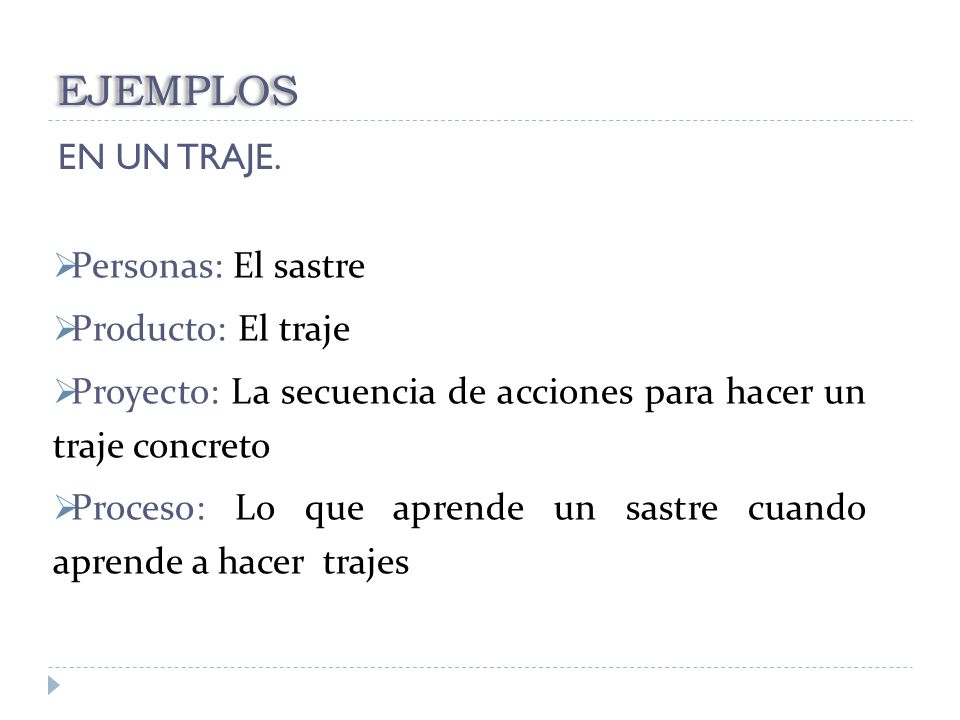EJEMPLOS EN UN TRAJE. Personas: El sastre Producto: El traje