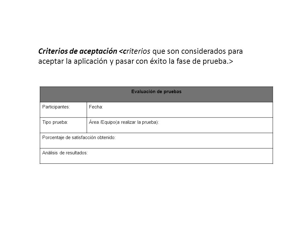 Criterios de aceptación <criterios que son considerados para aceptar la aplicación y pasar con éxito la fase de prueba.>