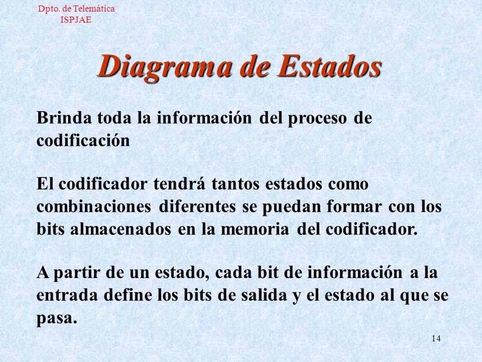 Dpto. de Telemática ISPJAE. Diagrama de Estados. Brinda toda la información del proceso de codificación.