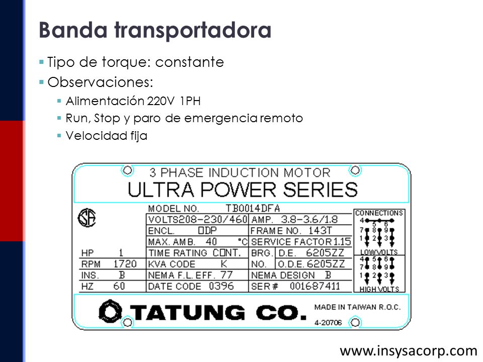 Banda transportadora Tipo de torque: constante Observaciones: