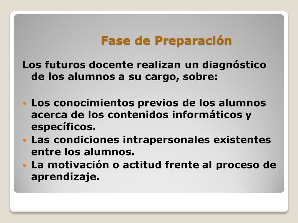 Fase de Preparación Los futuros docente realizan un diagnóstico de los alumnos a su cargo, sobre: