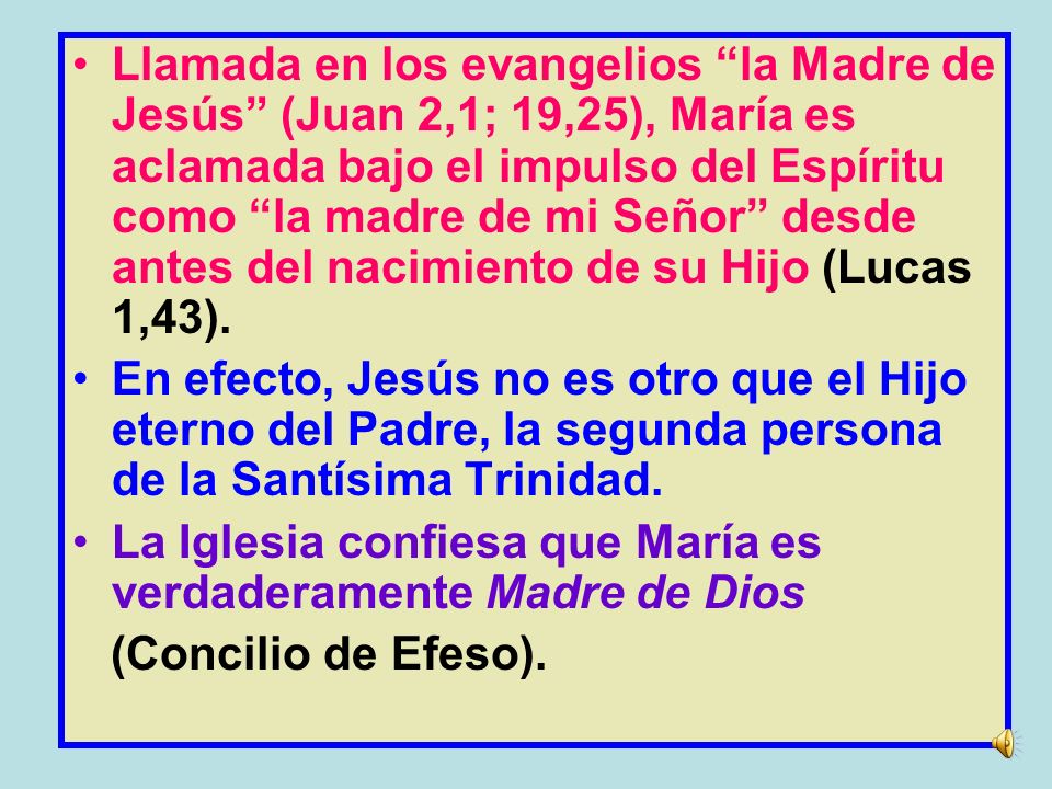 Llamada en los evangelios la Madre de Jesús (Juan 2,1; 19,25), María es aclamada bajo el impulso del Espíritu como la madre de mi Señor desde antes del nacimiento de su Hijo (Lucas 1,43).