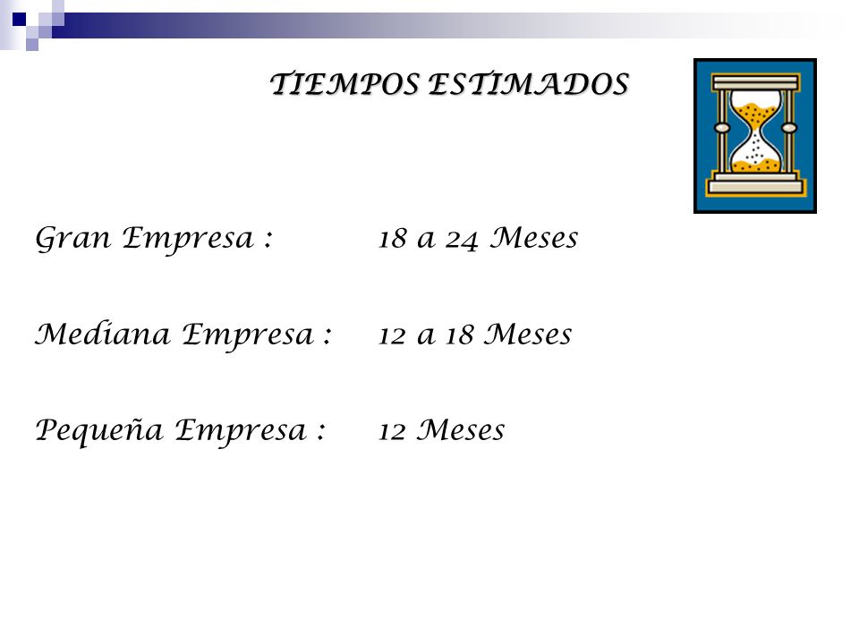 TIEMPOS ESTIMADOS Gran Empresa : 18 a 24 Meses. Mediana Empresa : 12 a 18 Meses.