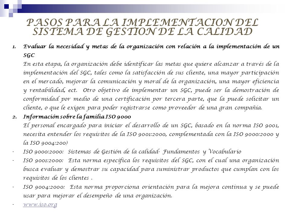 PASOS PARA LA IMPLEMENTACION DEL SISTEMA DE GESTION DE LA CALIDAD