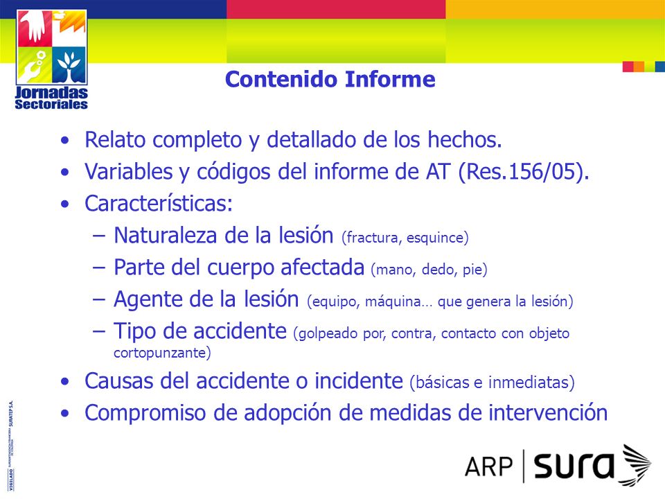 Contenido Informe Relato completo y detallado de los hechos. Variables y códigos del informe de AT (Res.156/05).