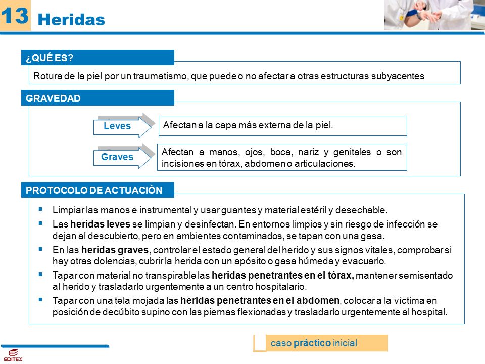Heridas ¿QUÉ ES Rotura de la piel por un traumatismo, que puede o no afectar a otras estructuras subyacentes.