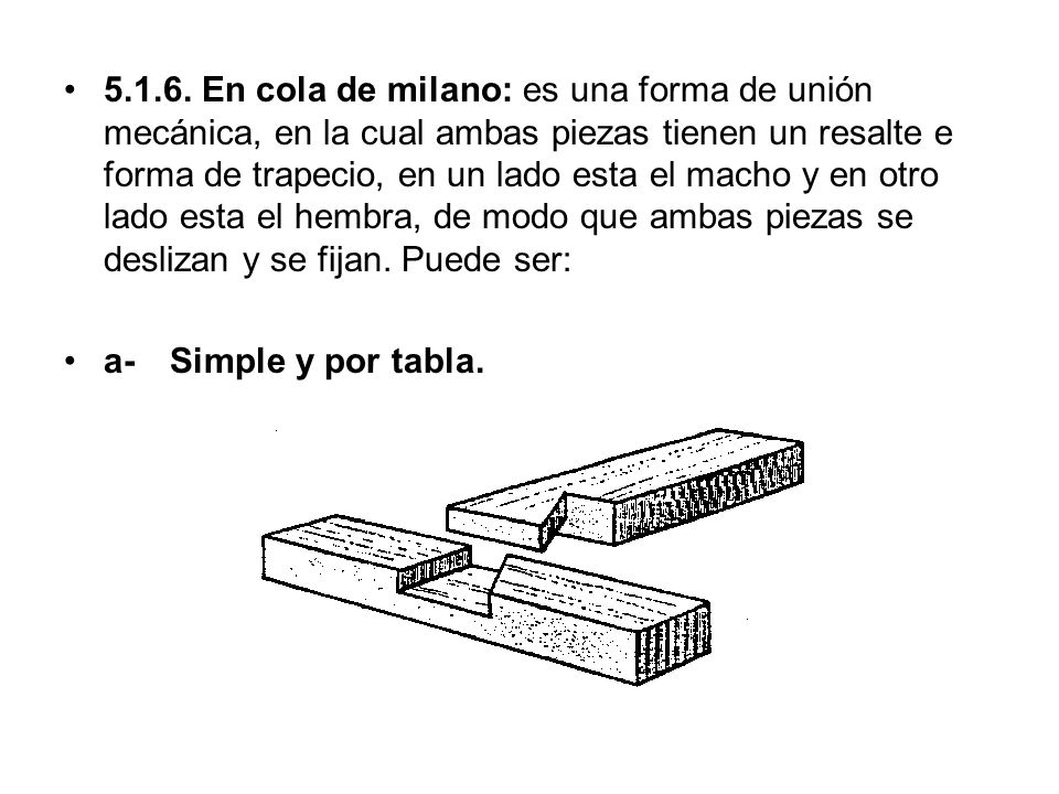 En cola de milano: es una forma de unión mecánica, en la cual ambas piezas tienen un resalte e forma de trapecio, en un lado esta el macho y en otro lado esta el hembra, de modo que ambas piezas se deslizan y se fijan. Puede ser: