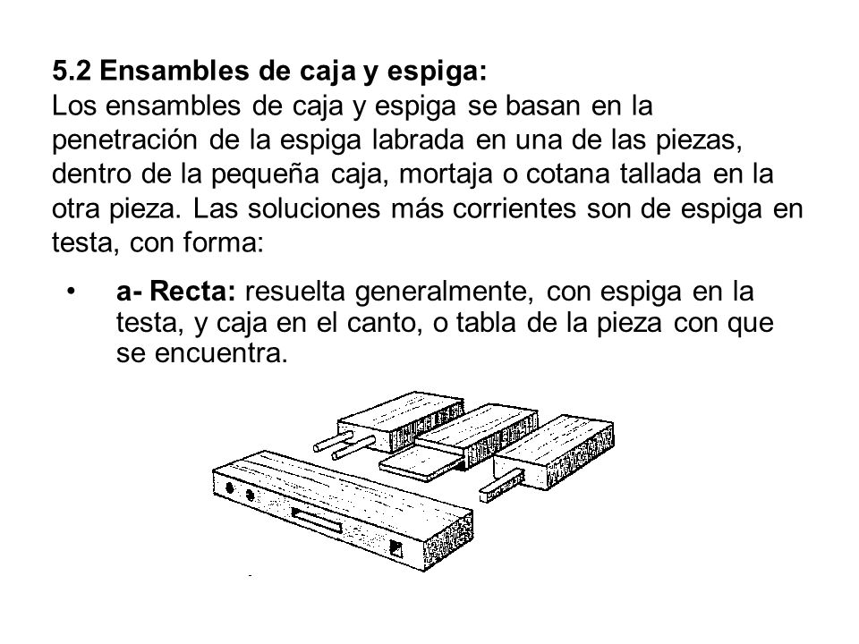 5.2 Ensambles de caja y espiga: Los ensambles de caja y espiga se basan en la penetración de la espiga labrada en una de las piezas, dentro de la pequeña caja, mortaja o cotana tallada en la otra pieza. Las soluciones más corrientes son de espiga en testa, con forma: