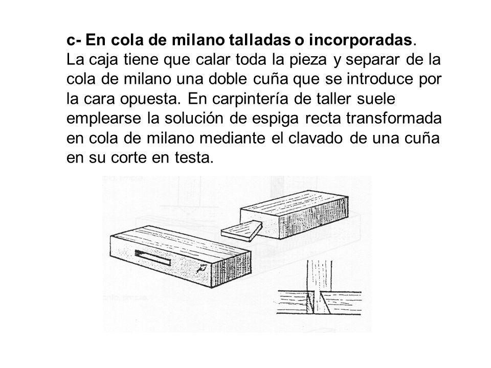 c- En cola de milano talladas o incorporadas