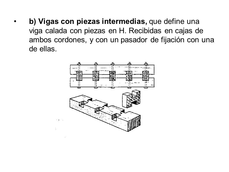 b) Vigas con piezas intermedias, que define una viga calada con piezas en H.