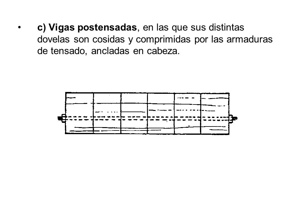 c) Vigas postensadas, en las que sus distintas dovelas son cosidas y comprimidas por las armaduras de tensado, ancladas en cabeza.