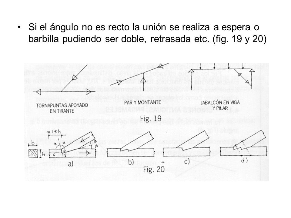 Si el ángulo no es recto la unión se realiza a espera o barbilla pudiendo ser doble, retrasada etc.