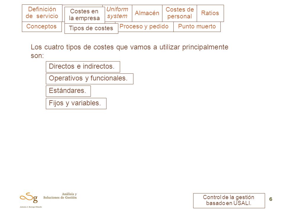 Los cuatro tipos de costes que vamos a utilizar principalmente son: