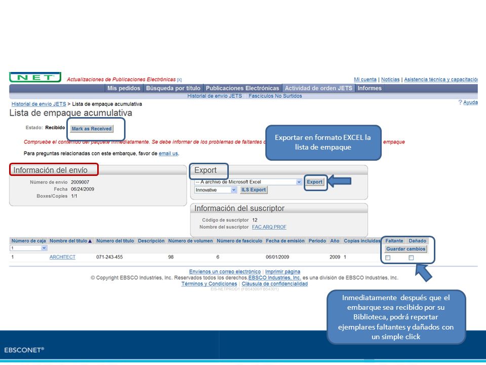 Exportar en formato EXCEL la lista de empaque