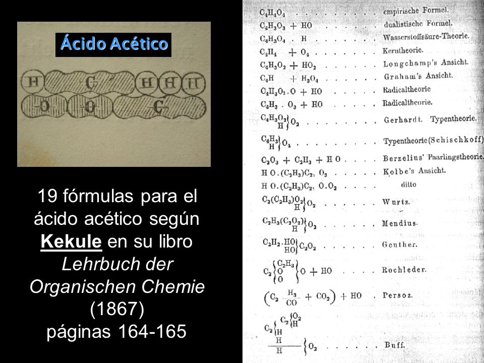 Ácido Acético 19 fórmulas para el ácido acético según Kekule en su libro Lehrbuch der Organischen Chemie (1867)