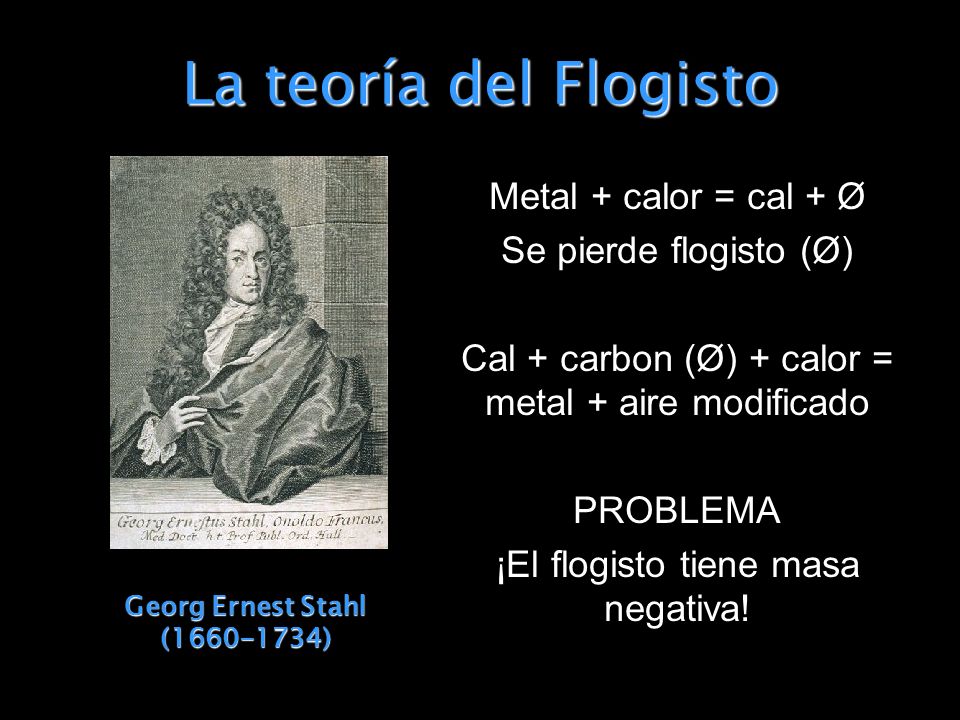 La teoría del Flogisto Metal + calor = cal + Ø Se pierde flogisto (Ø)