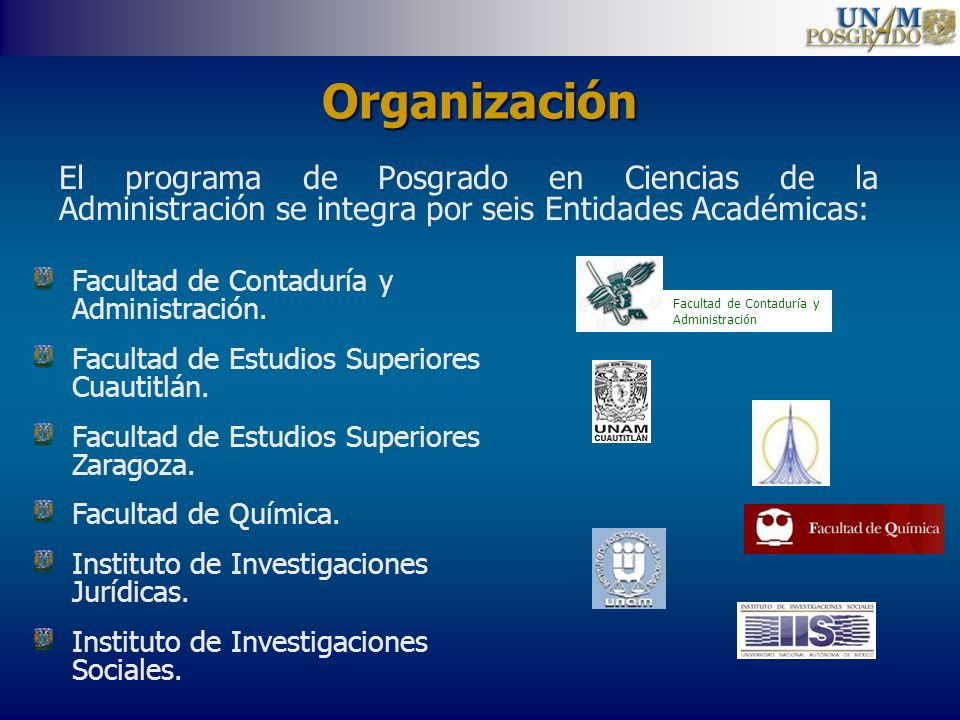Organización El programa de Posgrado en Ciencias de la Administración se integra por seis Entidades Académicas: