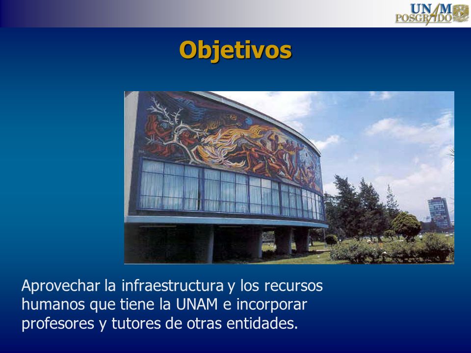 Objetivos Aprovechar la infraestructura y los recursos humanos que tiene la UNAM e incorporar profesores y tutores de otras entidades.