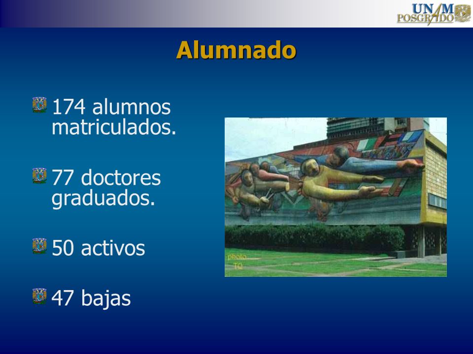Alumnado 174 alumnos matriculados. 77 doctores graduados. 50 activos